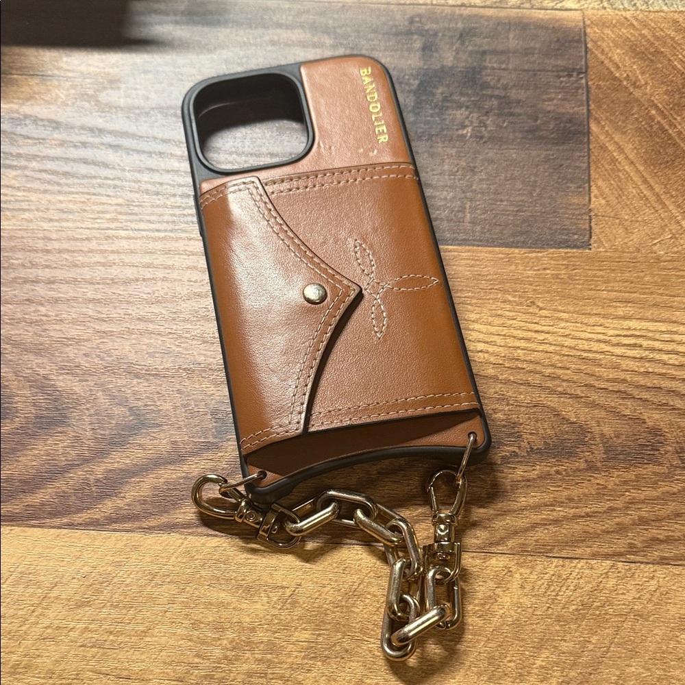Bandolier Tan Leather Phone Case with Gold Chain